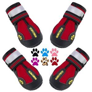 QUMY Dog Boots & Paw Protectors for Snow, Hot Pavement, Rain, Anti Slip, Red